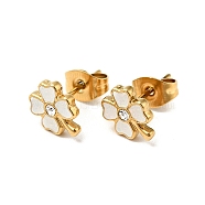 Enamel Clover with Crystal Rhinestone Stud Earrings with 316 Surgical Stainless Steel Pins, Gold Plated 304 Stainless Steel Jewelry for Women, White, 8.5x7mm, Pin: 0.8mm(EJEW-A081-12G-03)
