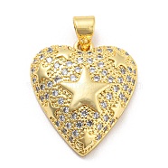 Brass Cubic Zirconia Pendants, with Jump Ring, Real 18K Gold Plated, Long-Lasting Plated, Lead Free & Cadmium Free, Heart, Star, 21x18x5.5mm, Hole: 5x3.5mm(KK-Z027-12G-01)