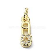 Brass Micro Pave Cubic Zirconia Pendants, with Jump Ring, Real 18K Gold Plated, Safety Pin Charm, Clear, 12.5x4.5x2mm, Hole: 3mm(KK-H475-21G-01)