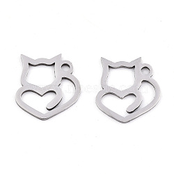 201 Stainless Steel Charms, Laser Cut, Cat with Heart, Stainless Steel Color, 13x12x0.9mm, Hole: 1.5mm(STAS-S081-061)