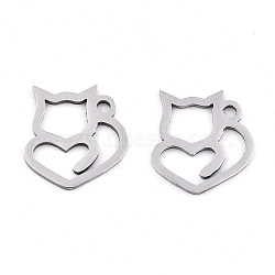 Non-Tarnish 201 Stainless Steel Charms, Laser Cut, Cat with Heart, Stainless Steel Color, 13x12x0.9mm, Hole: 1.5mm(STAS-S081-061)