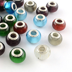 Handmade Silver Foil Glass European Beads, with Silver Color Plated Brass Cores, Rondelle, Mixed Color, 14x10mm, Hole: 5mm(LPDL-R008-M)