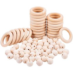 Round/Ring Unfinished Wood Beads, Natural Wooden Loose Beads Spacer Beads, Moccasin, 20~55x9~18mm, Hole: 4~36mm, 75pcs/set(PH-WOOD-G003-02)