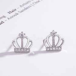Brass Stud Earrings, Crown with Clear Cubic Zirconia, Platinum, 9.5x10x1.5mm, Pin: 0.7mm(EJEW-BB61232-A)