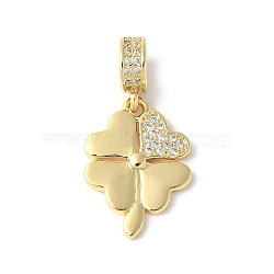 Brass Micro Pave Cubic Zirconia European Dangle Charms, Four Leaf Clover, Real 18K Gold Plated, 30mm, Hole: 4.5mm(ZIRC-I071-08G)