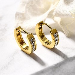 304 Stainless Steel Hoop Earrings for Women, with Rhinestone, Ion Plating(IP), Ring, Real 14K Gold Plated, Crystal, 13.5x3mm(EJEW-M068-09G-03)