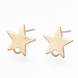 Brass Stud Earring Findings, with Loop and Flat Plate, Star, Real 18K Gold Plated, 11x11.5mm, Hole: 1.2mm, Pin: 0.7mm(X-KK-S348-352)