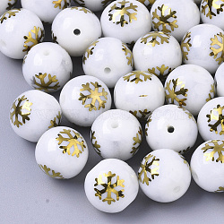 Christmas Opaque Glass Beads, Round with Electroplate Snowflake Pattern, Golden Plated, 10mm, Hole: 1.2mm(X-EGLA-R113-01C)