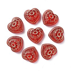 Plating Acrylic Beads, Metal Enlaced, Heart with Flower, Red, 17x18x6mm, Hole: 1.6mm(X-OACR-P007-09)