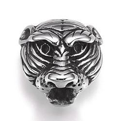 304 Stainless Steel Beads, Large Hole Beads, Tiger, Antique Silver, 18x17.5x12mm, Hole: 6mm(STAS-O101-19AS)