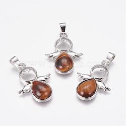 Natural Tiger Eye Pendants, Angel, with Brass Finding, Platinum, 34x25.5x4.5~6.5mm, Hole: 4~5x7mm(G-G651-A05)