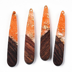 Transparent Resin & Walnut Wood Pendants, with Gold Foil, Teardrop Charms, Waxed, Dark Orange, 44x7.5x3.5mm, Hole: 1.5mm(RESI-N039-69G)