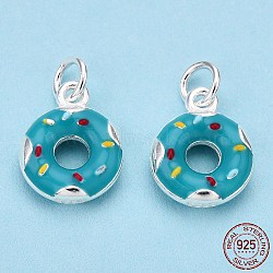 925 Sterling Silver Enamel Charms, with Jump Ring, Doughnut, Dark Cyan, 10.5x8x3mm, Hole: 2.5mm(STER-T004-02S)