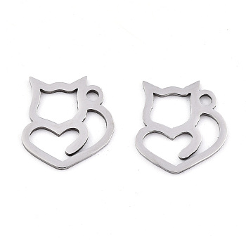 201 Stainless Steel Charms, Laser Cut, Cat with Heart, Stainless Steel Color, 13x12x0.9mm, Hole: 1.5mm