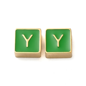 304 Stainless Steel Enamel Beads, Real 14K Gold Plated, Square with Letter, Letter Y, 8x8x4mm, Hole: 2mm