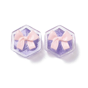 Transparent Resin Cabochons, with Glitter Powder, DIY Accessories, Hexagon Gift Box with Bowknot, Medium Purple, 21x19x13.5mm