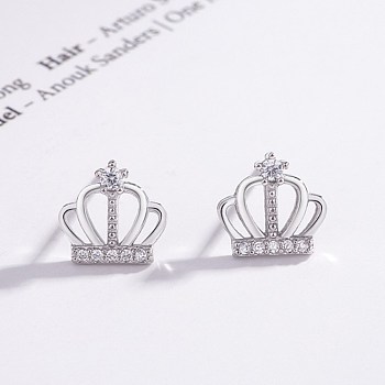 Brass Stud Earrings, Crown with Clear Cubic Zirconia, Platinum, 9.5x10x1.5mm, Pin: 0.7mm