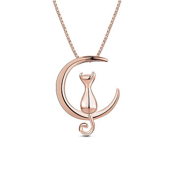 SHEGRACE Lovely 925 Sterling Silver Necklace, with Kitten in the Moon Pendant, Rose Gold, 15.7 inch