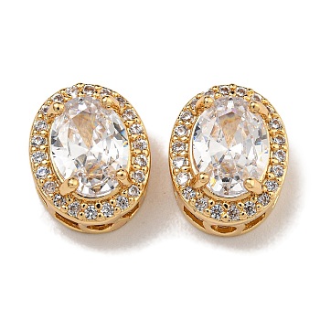 Brass Micro Pave Cubic Zirconia Beads, with Glass, Clear, Oval, Real 18K Gold Plated, 11x9.5x6.5mm, Hole: 1.8mm