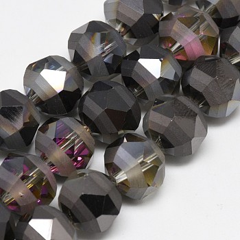 Electroplate Glass Beads Strands, Rainbow Plated, Frosted, Faceted, Round, Black, 7~8x7mm, Hole: 1.5mm, about 72pcs/strand, 19.68 inch