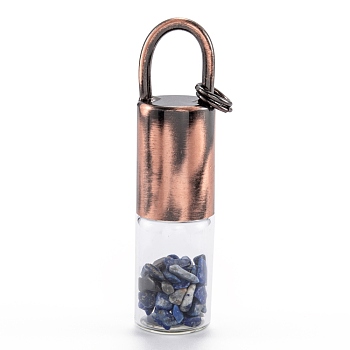 Glass Roller Bottle, with Natural Lapis Lazuli Roller Balls and Chips, Essential Oil Perfume Bottles, Red Copper Brass Bottle Cap, 62.5x16mm, Hole: 10x14mm, Jump Ring: 8x1mm