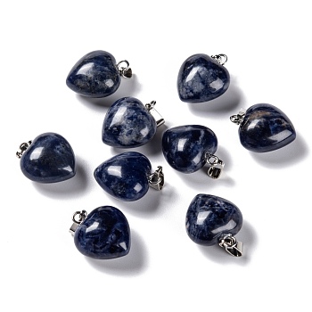 Natural Sodalite Pendants, with Platinum Brass Loops, Heart, 18~19x15~15.5x6~8mm, Hole: 6x2.5~3mm