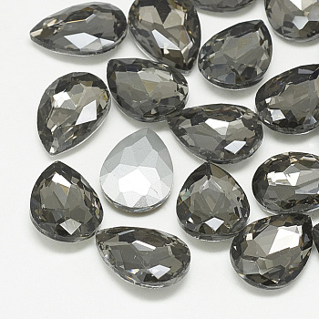 Pointed Back Glass Rhinestone Cabochons, Back Plated, Faceted, teardrop, Black Diamond, 18x13x5mm