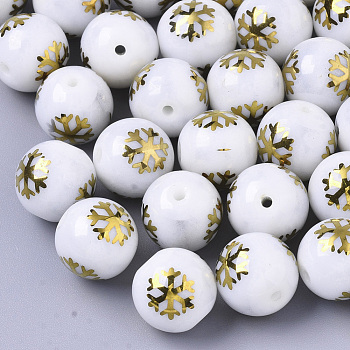 Christmas Opaque Glass Beads, Round with Electroplate Snowflake Pattern, Golden Plated, 10mm, Hole: 1.2mm