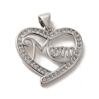 Mother's Day Brass Micro Pave Cubic Zirconia Pendants, Heart with Mom, Platinum, 18.5x20x2mm, Hole: 5x3mm