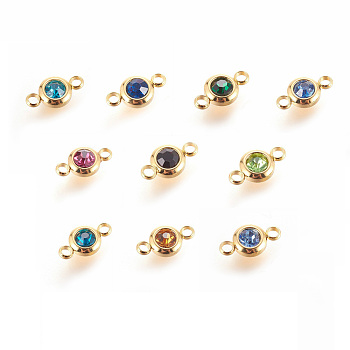 304 Stainless Steel Rhinestone Links, Flat Round, Golden, Mixed Color, 12x6.5x4mm, Hole: 2mm