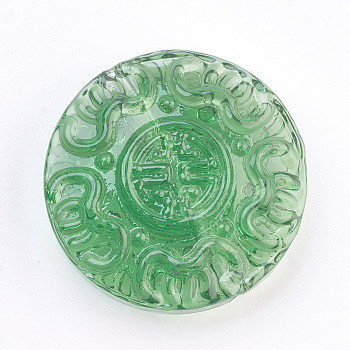 Handmade Lampwork Beads, Flat Round with Flower Pattern, Sea Green, 26~27x8.5~9mm, Hole: 2mm