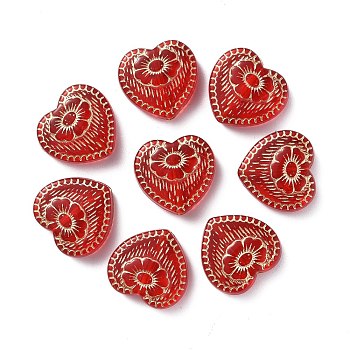 Plating Acrylic Beads, Metal Enlaced, Heart with Flower, Red, 17x18x6mm, Hole: 1.6mm