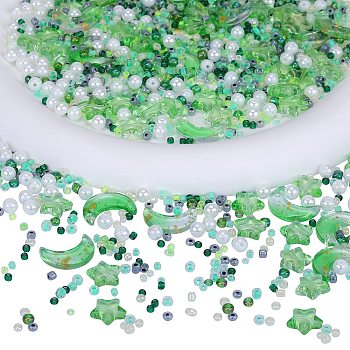 2 Bag Glass & Seed Beads, with Glitter Powder, Imitation Pearl & Transparent & Inside Colours, Moon & Star & Round, Lime Green, 2~16x2~11.5mm, Hole: 0.8~1.2mm