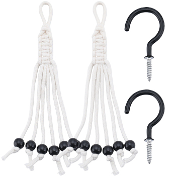 Wood Bead Banana Hangers, Handwoven Fruit Vegetable Hanging Cotton Rope, with Screw Hook, Black, 221x25x8mm