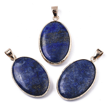 Natural Lapis Lazuli Pendants, with Light Gold Plated Brass Edge and Snap on Bail, Oval, 35~36x21.5x6.5mm, Hole: 6x4mm