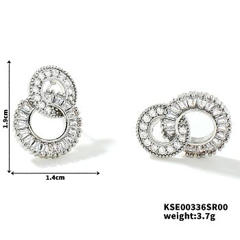 Shiny Double Ring Stud Earrings for Women, Fashionable and Elegant, Platinum, 19x14mm