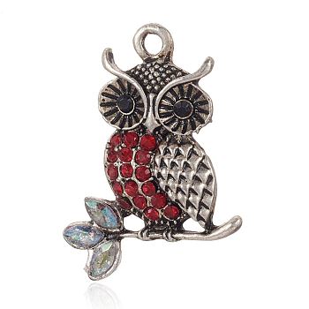 Alloy Rhinestone Bird Pendants, Owl Necklace Pendants for Halloween, Antique Silver, Light Siam, 34x26x3mm, Hole: 3mm