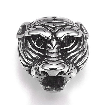 304 Stainless Steel Beads, Large Hole Beads, Tiger, Antique Silver, 18x17.5x12mm, Hole: 6mm