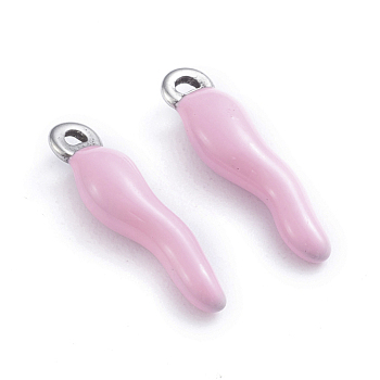 304 Stainless Steel Pendants, Enamelled Sequins, Horn of Plenty/Italian Horn Cornicello Charms, Stainless Steel Color, Pink, 17.5x4.5x3.5mm, Hole: 1mm