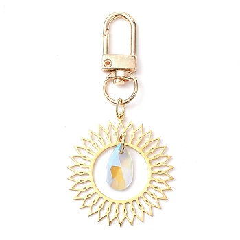 Flower 201 Stainless Steel Pendant Decorations, with Glass Pendants and Alloy Swivel Clasps, Golden, 75mm