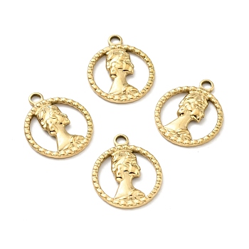 Ion Plating(IP) 304 Stainless Steel Glaze Manual Polishing Pendants, Ring with Woman, Golden, 24x20x2.7mm, Hole: 2.8mm