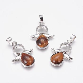 Natural Tiger Eye Pendants, Angel, with Brass Finding, Platinum, 34x25.5x4.5~6.5mm, Hole: 4~5x7mm
