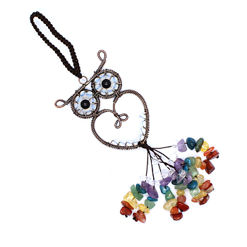 Opalite Owl Pendant Decorations, Colorful Gemstone Chip Beaded Tassel Hanging Ornament, with Metal Frame, 180mm