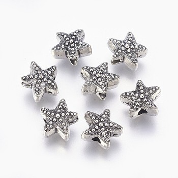 Tibetan Style Alloy Beads, Cadmium Free & Lead Free, Starfish/Sea Stars, Antique Silver, 10x11x5mm, Hole: 2mm