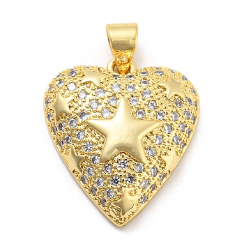 Brass Cubic Zirconia Pendants, with Jump Ring, Real 18K Gold Plated, Long-Lasting Plated, Lead Free & Cadmium Free, Heart, Star, 21x18x5.5mm, Hole: 5x3.5mm