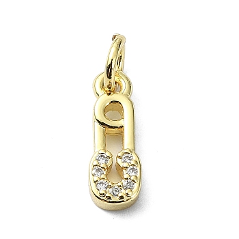 Brass Micro Pave Cubic Zirconia Pendants, with Jump Ring, Real 18K Gold Plated, Safety Pin Charm, Clear, 12.5x4.5x2mm, Hole: 3mm