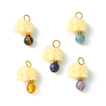 Opaque Resin and Natural Mixed Stone Pendants, with Iron and Alloy Findings, Elephant Charm with Round, Golden, 23x17x8mm, Hole: 3mm