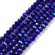 Electroplate Opaque Solid Color Glass Beads Strands, Half Rainbow Plated, Faceted, Rondelle, Blue, 4x3mm, Hole: 0.4mm, about 113~115pcs/strand, 41~42cm(EGLA-A034-P4mm-L12)