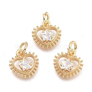 Brass Micro Pave Cubic Zirconia Pendants, with Jump Ring, Heart with Star, Clear, Real 18K Gold Plated, 11x10.3x3.2mm, Jump Rings: 5x0.7mm, Inner Diameter: 3.3mm(KK-P187-04G)