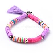 Cotton Thread Tassel Charm Bracelets, Stretch Bracelets, with Polymer Clay Heishi Beads Beads,  Flat Round Brass Bead Spacers and Tibetan Style Alloy Lotus Pendants, Lilac, 2 inch(5cm), 6mm(BJEW-JB04448-01)
